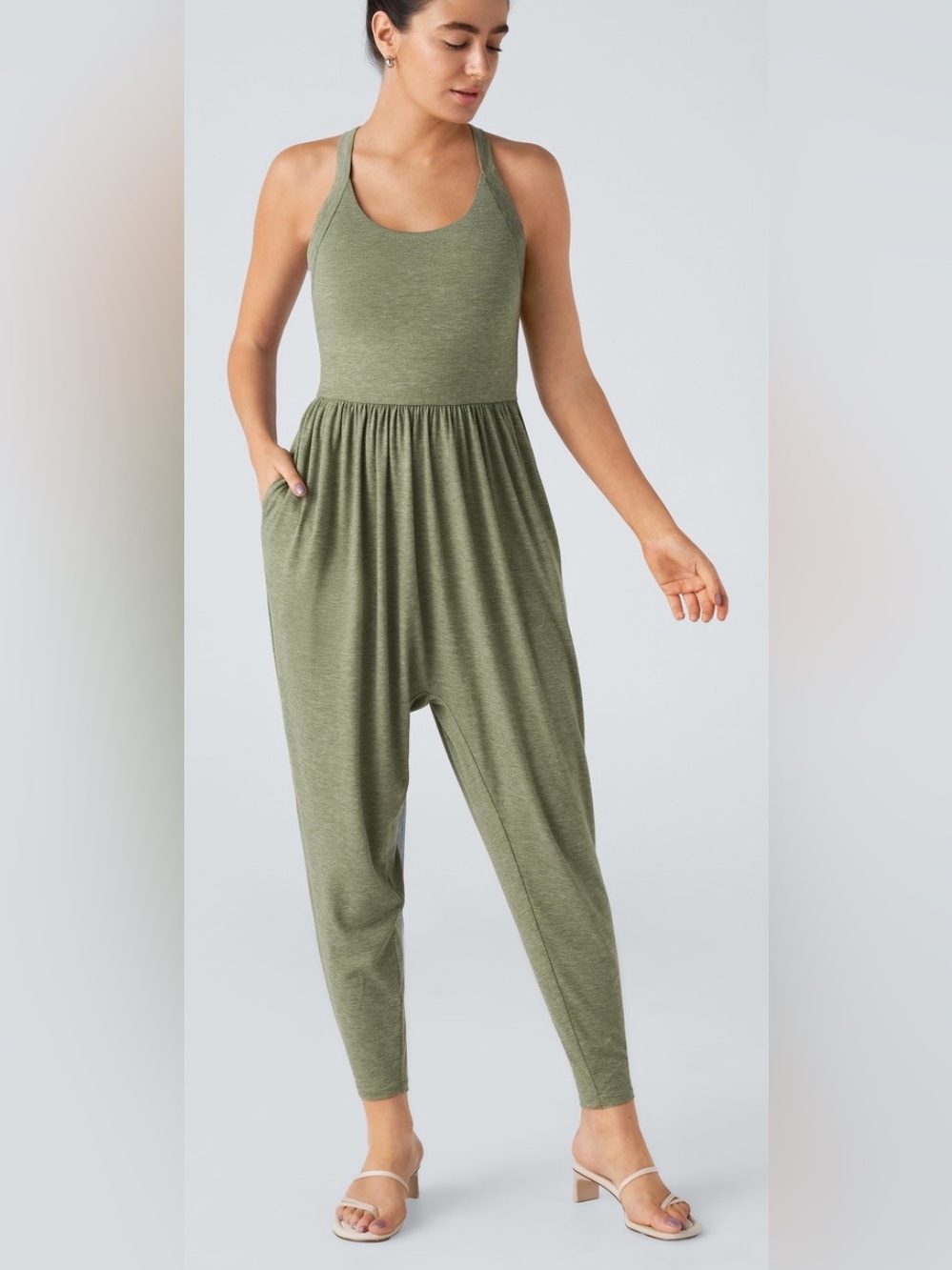 NWT 2X Halara Easy Peezy U-Neck Harem Jumpsuit with Pockets - Olive Green, $35